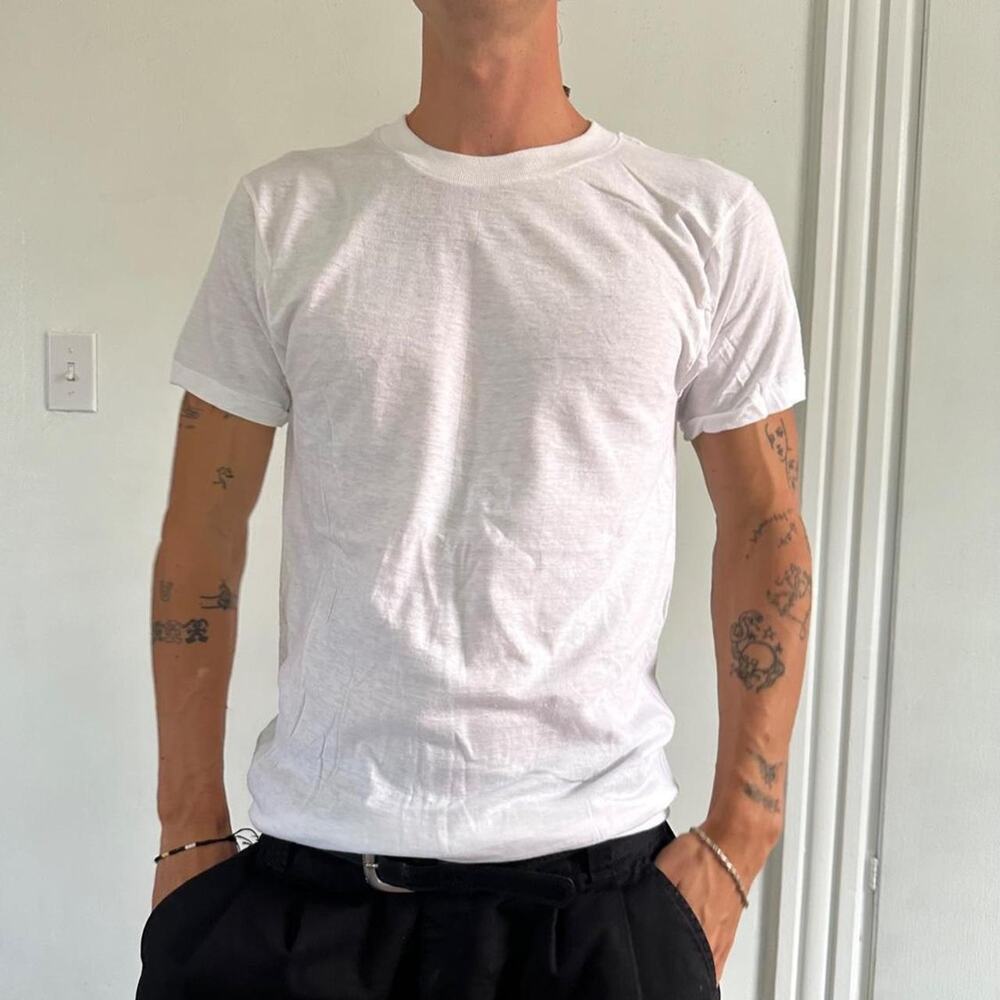 Vintage 70s 80s Thin Fitted Blank White Cotton Tee Shirt